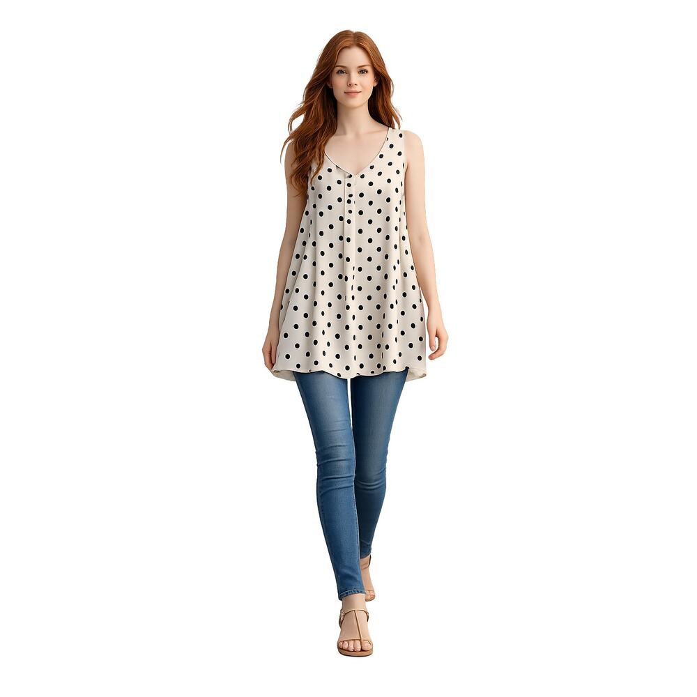 LR1911 Womens Plus Size 2X White Black Polka Dot Sleeveless Swing Tunic Top